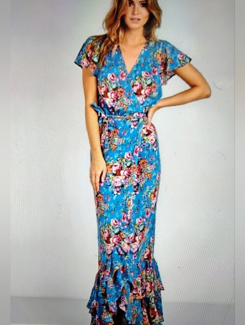 NWOT Auguste Blue Beach House Frill Wrap Ruffle Floral Maxi Dress Sz 4 XS